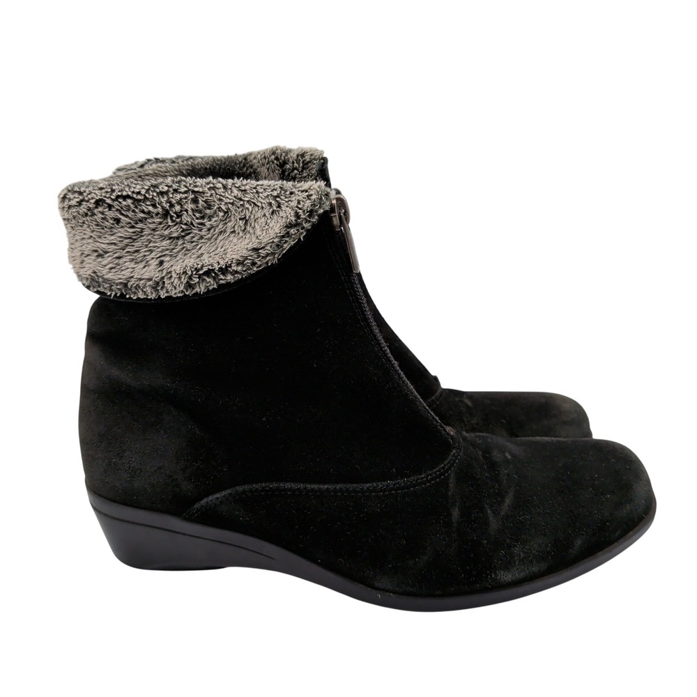 La Canadienne Black Suede Waterproof Faux Fur Trim Ankle Boots Womens 7.5 M
